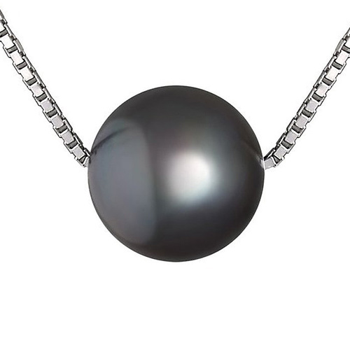 Pendentif perle de culture supérieure ronde noire 1cm & collier or blanc